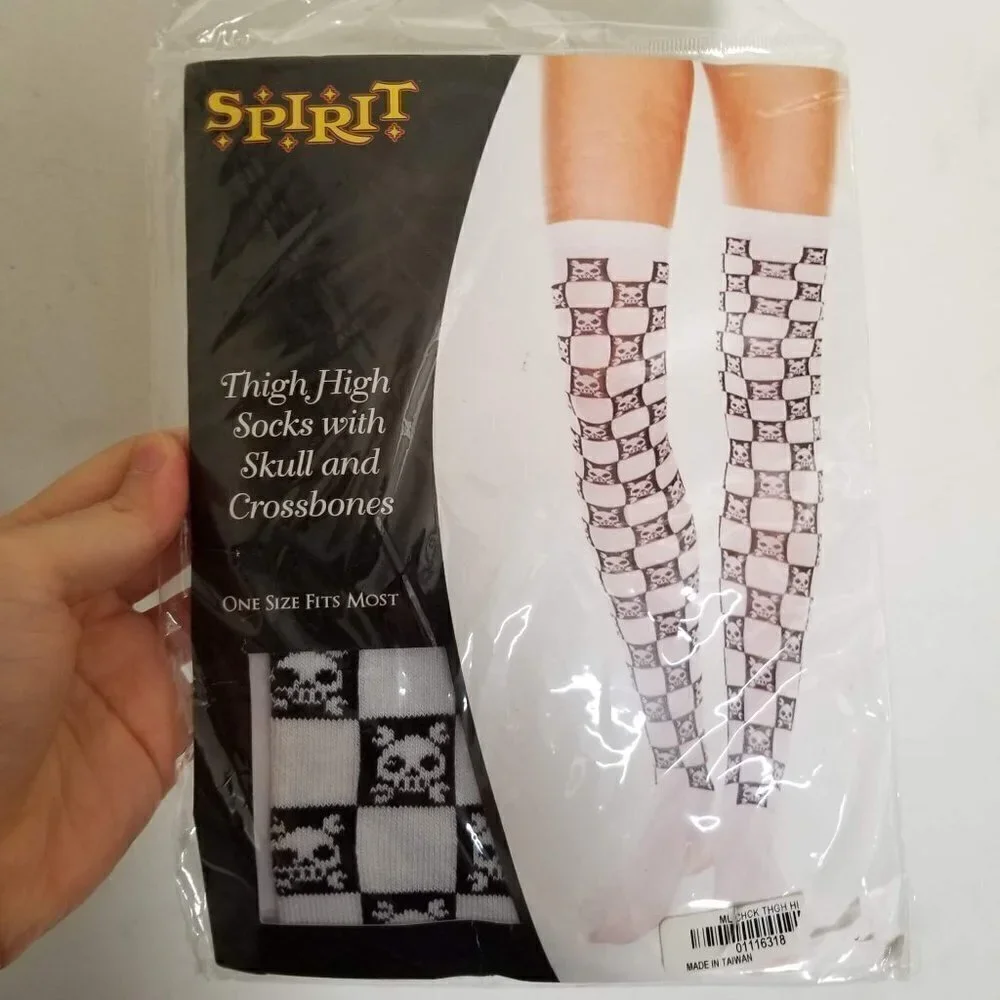 NEW Spirit Thigh High Skull And Crossbones Checkered Print Long Costume Socks